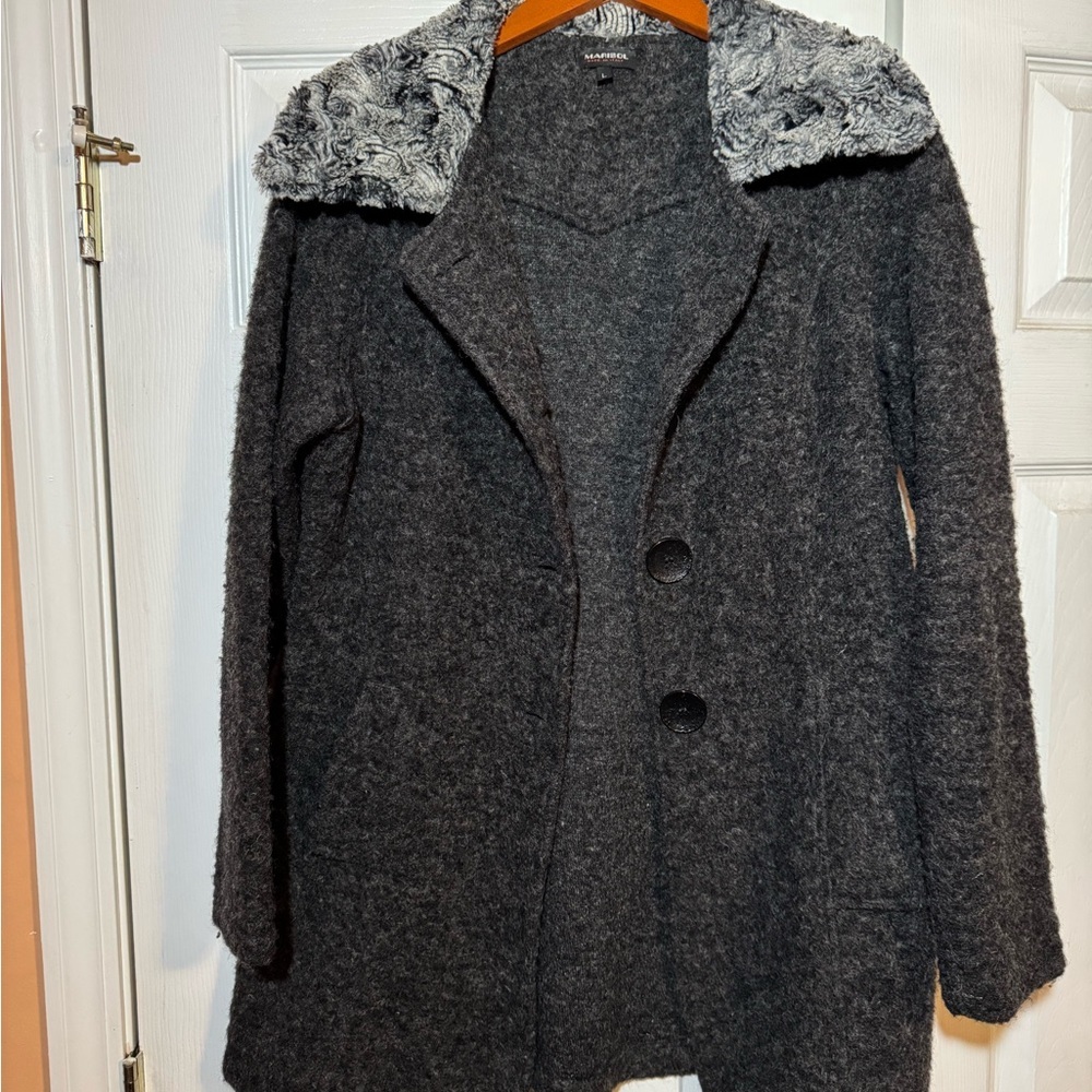 MARISOL Womens Gray Wool Blend Faux Fur Collar Coat Jacket Size L Made‎ in Italy